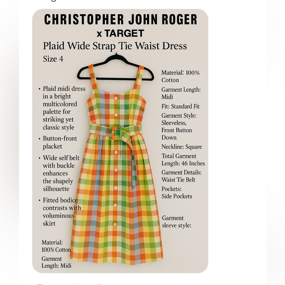 Christopher John Rogers x Target Plaid Wide Strap Tie Waist Dress Size 4 NWT